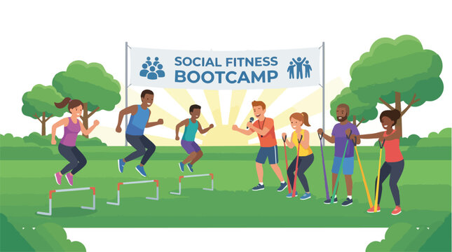 Diverse group of people participating in a social fitness bootcamp outdoor workout.
