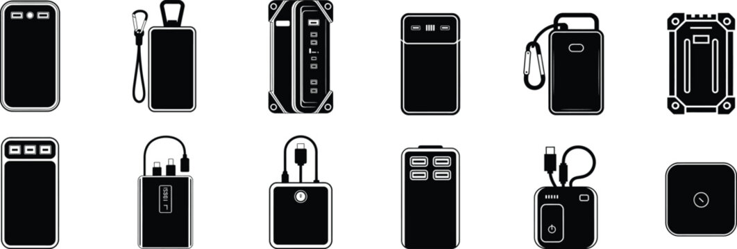 Set of power bank icons showing various portable battery chargers with usb ports and charging cables in black silhouette style isolated on transparent grid.