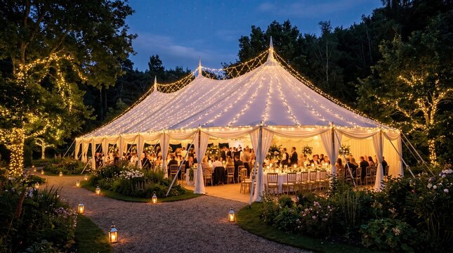 A beautifully adorned tent hosting a joyful evening celebration under twinkling lights.