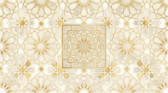 Seamless Islamic geometric pattern with gold line ornament on soft neutral watercolor paper texture, elegant mosque tile decorative background
