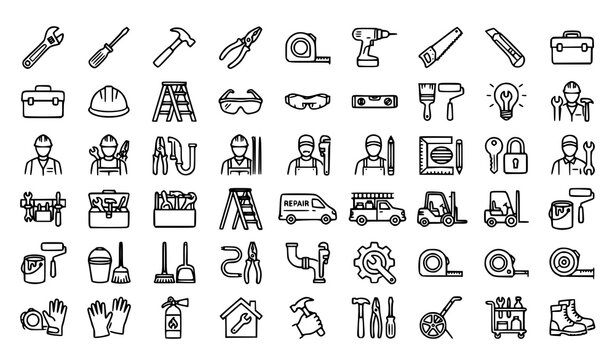 Repair and Maintenance Line Icon Set &ndash; Tools, Workmen, DIY and Service Vector Collection