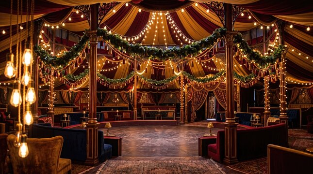 A beautifully decorated interior circus tent with vibrant colors and festive lighting.
