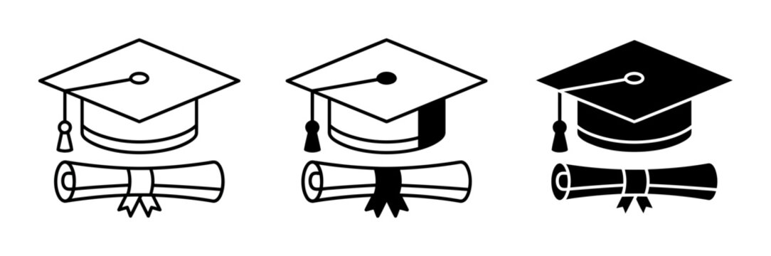 3 Graduation cap diploma silhouette icons set, solid black style, academic achievement education symbols