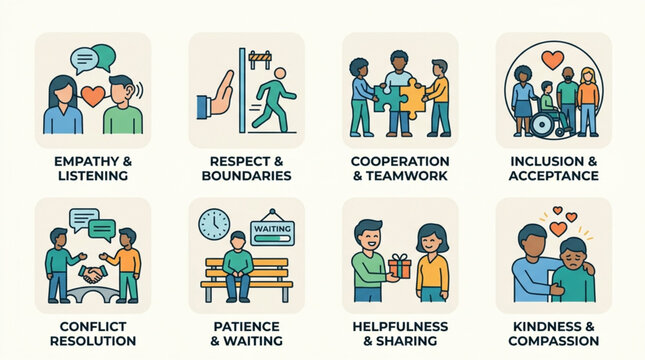 Collection of Icons Representing Social Skills and Positive Interactions.