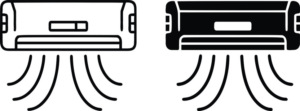 Air conditioner unit blowing cold air icon set in outline and solid styles, vector illustration
