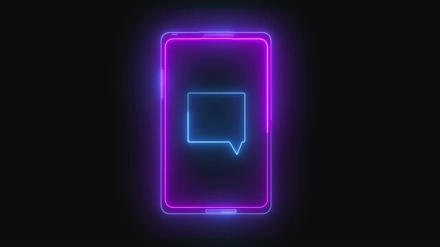Digital interface neon smartphone message animation with glowing purple blue colors in seamless loop. Purple blue glowing neon smartphone chat bubble animation seamless loop for digital apps.