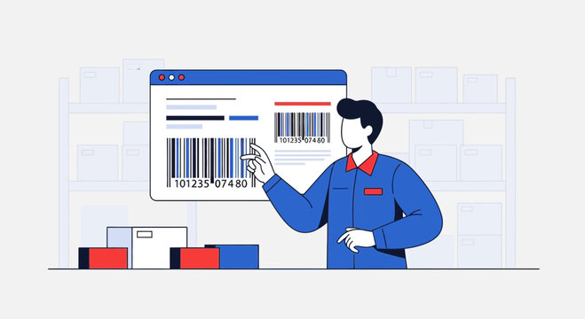 Warehouse worker scanning barcode with inventory management system illustration
