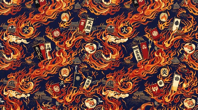 Japanese fire festival seamless pattern with flames lanterns banners and traditional motifs on dark navy background for wallpaper textile fabric design
