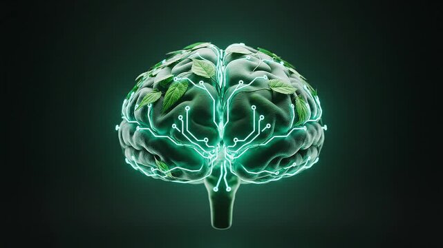 Green Tech Mind Organic Brain with Glowing Circuitry and Leaves