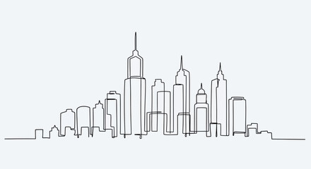 Fototapeta premium Minimalist Cityscape Line Art: Modern Skyscrapers Silhouette on White Background
