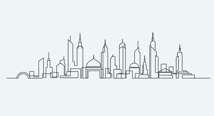 Fototapeta premium Minimalist Cityscape Silhouette, Continuous Line Drawing of Modern Skyline Architecture