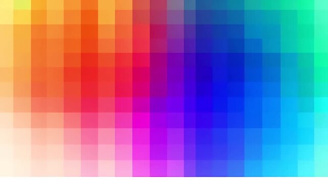 Colorful pixelated background with rainbow hues.
