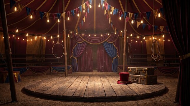 Captivating view inside circus tent with garlands magical concept. A beautifully illuminated circus stage with colorful decorations and vintage atmosphere.