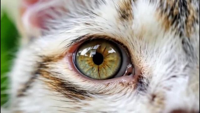 Extreme close-up of a domestic cat's eye with a green and gold iris. The tabby cat looks around and blinks, showing high detail in the fur and pupil movement in natural light.