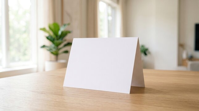 Blank triangular table tent on smooth surface in sunlit room concept. A blank card on a wooden table in a bright, modern interior.