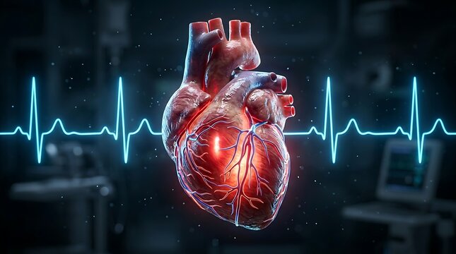 Realistic human heart with glowing veins and arteries illuminated against a blurred medical background and vibrant blue EKG heartbeat line.