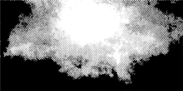 Halftone cloud explosion vector, white grainy smoke burst on black background, retro comic style dot pattern texture, vintage pop art spray effect