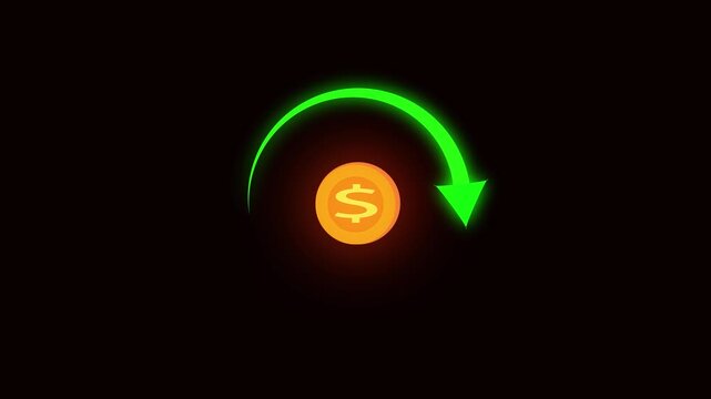 Animated dollar coin green arrow downward financial market recession economy decrease banking investment motion graphics. Dollar coin animation rotating green arrow downward financial market.