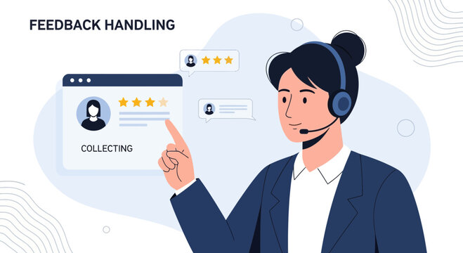 Customer feedback analysis, user support agent collecting reviews