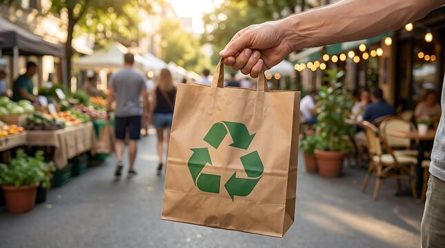 Hand holds a brown paper shopping bag with green recycling symbol walking through a vibrant outdoor farmer's market.