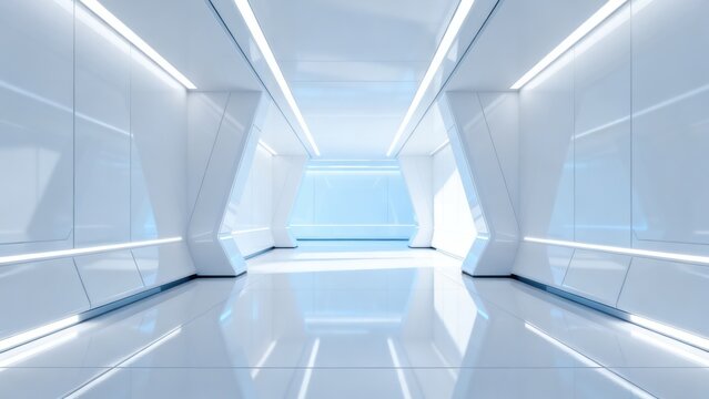 Futuristic white corridor with glowing lights