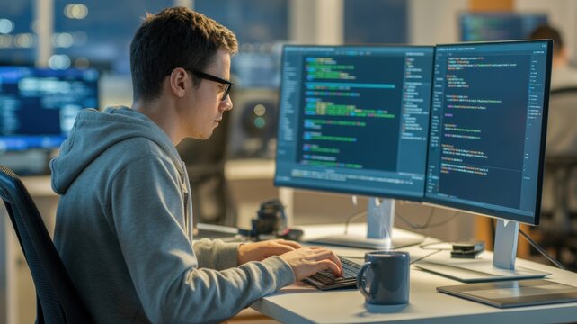 Dedicated software developer wearing glasses focuses intently on writing complex computer code while working late at night on dual monitors within a modern office workspace environment