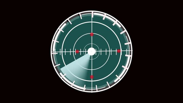Animated rotating radar screen scan detection system technology HUD sci fi futuristic military digital display blips. Radar screen rotating scan animation targets detection.