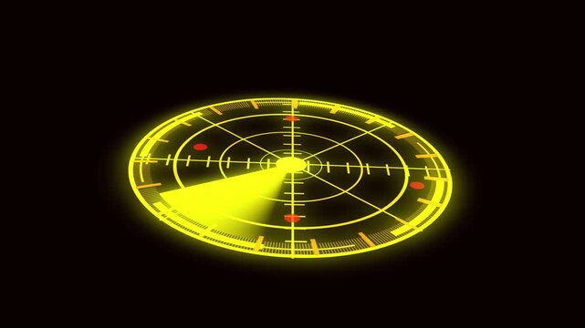 Glowing yellow radar screen animated HUD scan detection futuristic technology digital interface targeting system motion graphics. Animated radar screen glowing yellow technology interface futuristic.