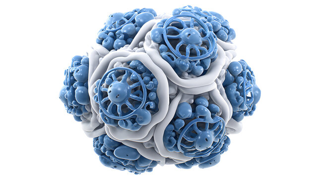 Detailed 3d illustration of a ribosome factory with nucleolus dense protein synthesis structures in blue and white biotechnology concept