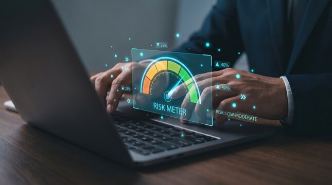 Business Risk Management and Financial Assessment Concept: Hands on Laptop with Holographic Risk Meter Gauge, Data Points, and Percentage Icons