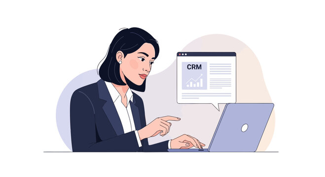 Businesswoman using CRM software on laptop for customer relationship management and analytics