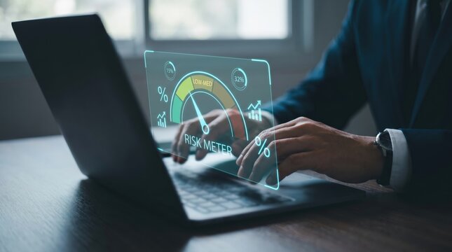 Business Risk Management and Financial Assessment Concept: Hands on Laptop with Holographic Risk Meter Gauge, Data Points, and Percentage Icons