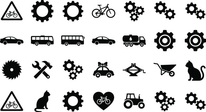 Transportation and Mechanical Icon Set with Gears Bicycle Car Truck Tools and Industrial Equipment Symbols Collection in Black Style