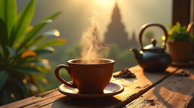 Steaming Clay Coffee Cup on Wooden Table with Borobudur Temple View at Sunrise