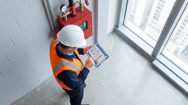 A construction worker checks building plans on a tablet in a modern office space.