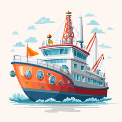 Fototapeta premium Cartoon Illustration of a Modern Ship Sailing on Water