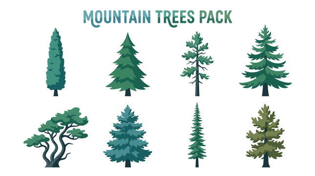 Mountain Conifer Trees Collection with Pine Fir Spruce and Cypress Varieties