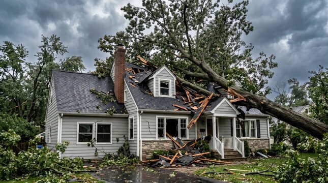 Tree falls on a house roof during severe storm damage concept. A damaged house after a storm, featuring fallen trees and debris on the roof.