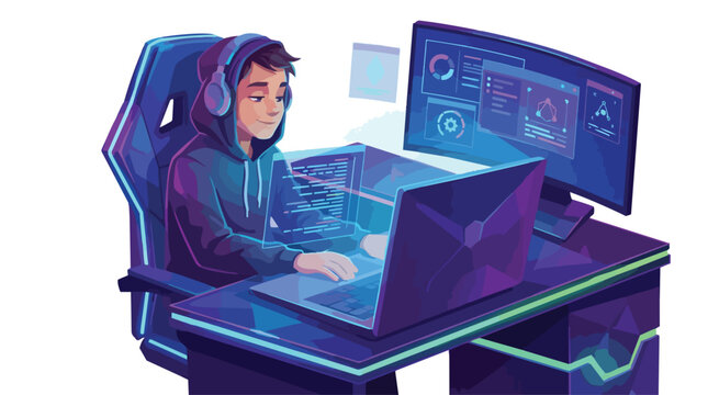 Young man playing video games on a powerful gaming computer setup.