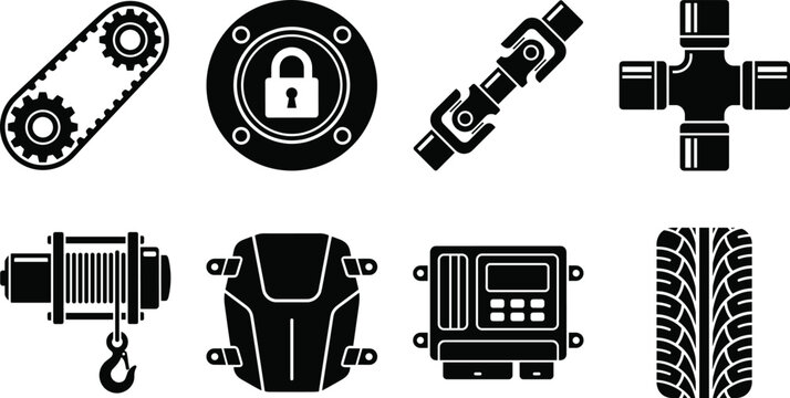 Vehicle Mechanical and Safety Components Icon Set Featuring Gears, Locks, Winches, Safety Armor, and Tire for Automotive, Industrial, and Security Applications