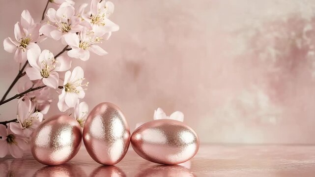 Pink eggs rest beside blooming cherry blossoms on a smooth surface. This setting highlights the arrival of spring and the festive spirit of the season
