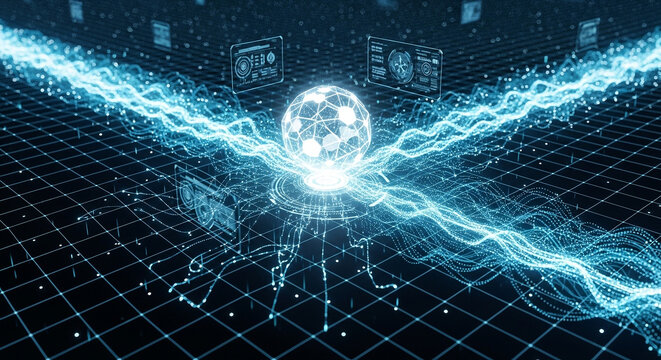 Abstract digital grid with glowing energy streaks and a bright central sphere abstract background digital art abstract design digital techno