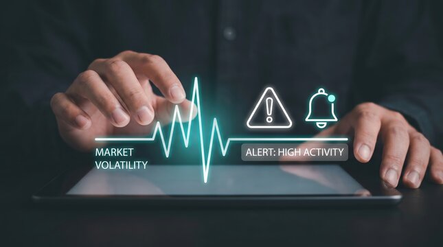 Market Volatility and Financial Risk Management Concept: Hands Near Screen with Holographic EKG-Style Trading Pulse and Teal Alert Notifications