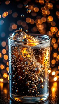A photo of sparkling soda liquid with water bubbles and carbonate foam floating on a black background, resembling oil shapes