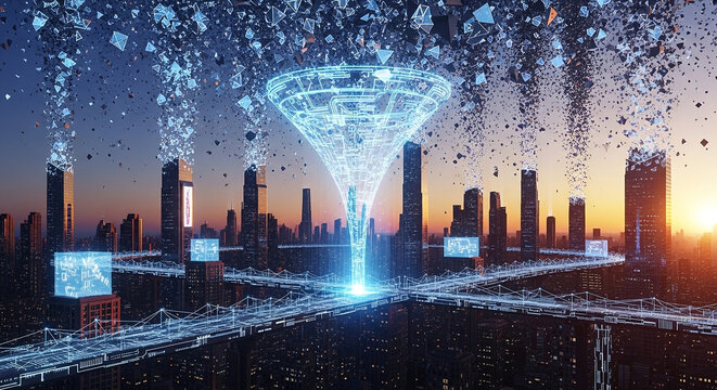 Modern city at sunset with a glowing blue digital data vortex merging with skyscrapers data stream smart city high tech digital transformati
