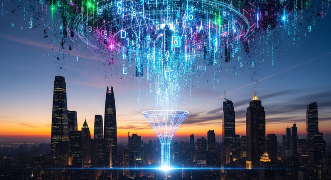 Overhead view of a modern city skyline with a digital energy vortex during twilight data stream smart city high tech digital art futuristic