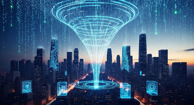 Futuristic city skyline at dusk with a digital data vortex descending from the sky data stream smart city high tech digital transformation