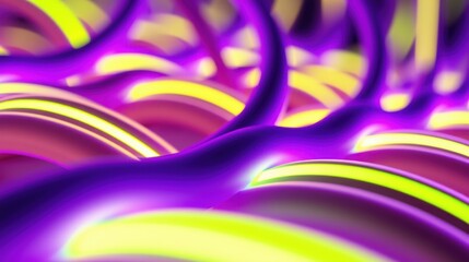 Fototapeta premium Abstract fluid shapes, vibrant purple hues dominate. Yellow accents create dynamic contrast, flowing forms suggest movement. Dark background emphasizes luminosity.