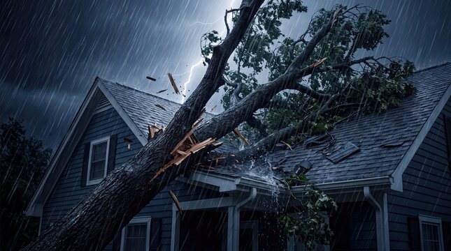 A dramatic storm scene with a fallen tree crashing onto a house during heavy rain.