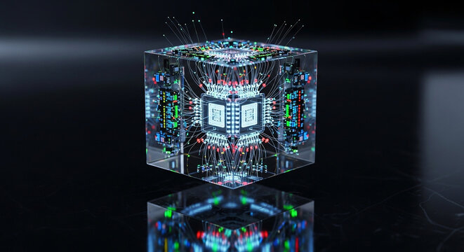 Transparent cube with internal circuitry and glowing particles exploding outwards, representing data fragmentation and digital transformation
